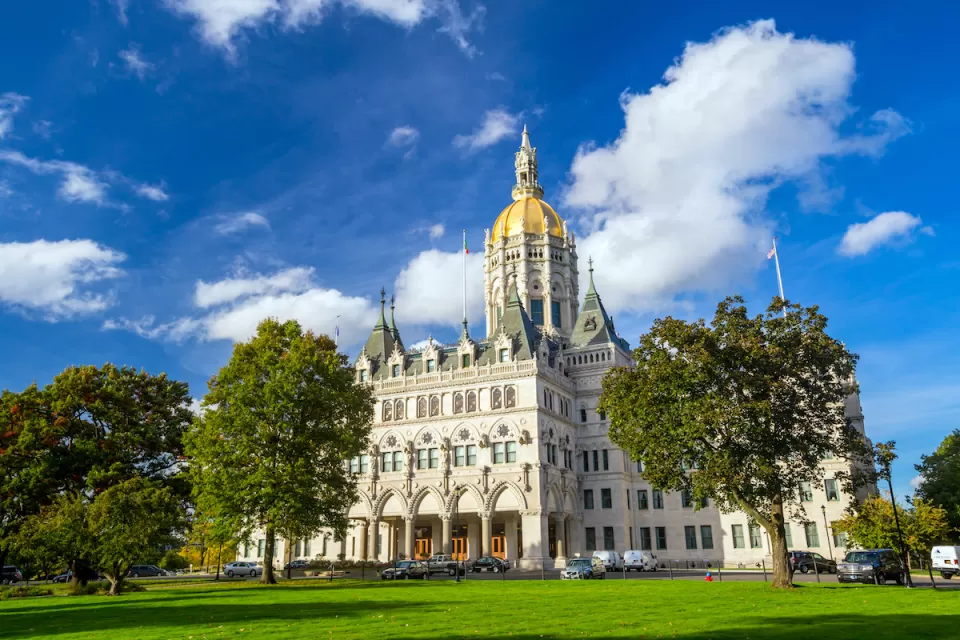 Ornate Connecticut state capitol building in Hartford, Connecticut.